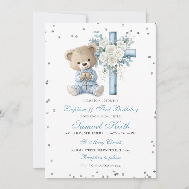 Blue Bear Baptism & First Birthday Invitation Inbjudningar (Framsida)
