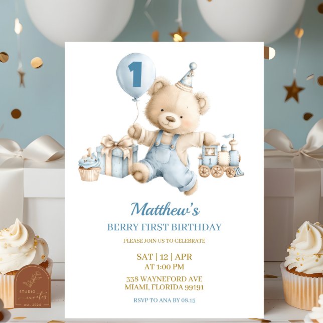 Blue Bear Boy Beary first birthday invitation Inbjudningar (Skapare uppladdad)