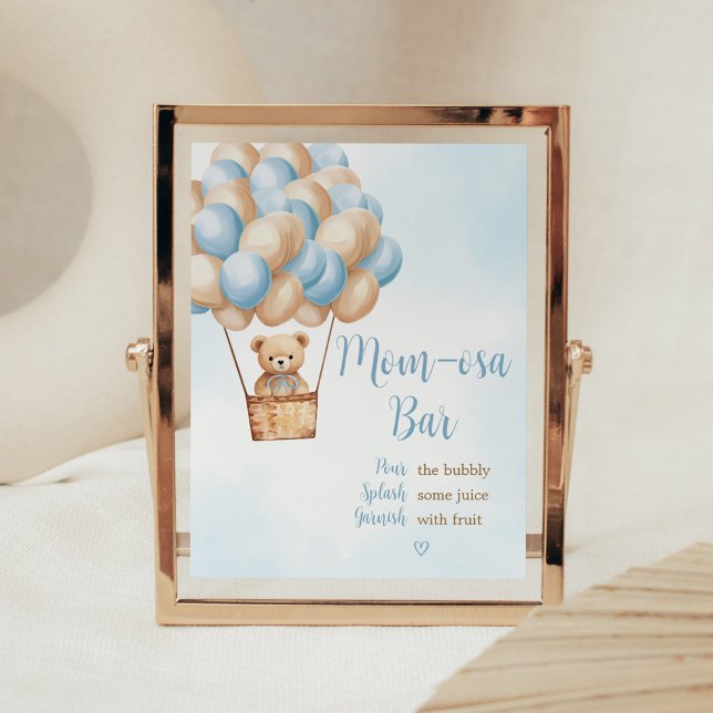 Blue Bear Luftballong Baby Shower Mamma Osa Pub Poster (Boy Boho Bear Baby Shower Mom Osa Bar Sign)