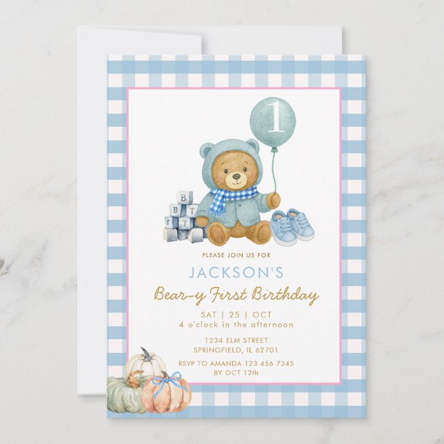 Blue Bear Pumpkin Beary First Birthday Inbjudningar (Framsida)