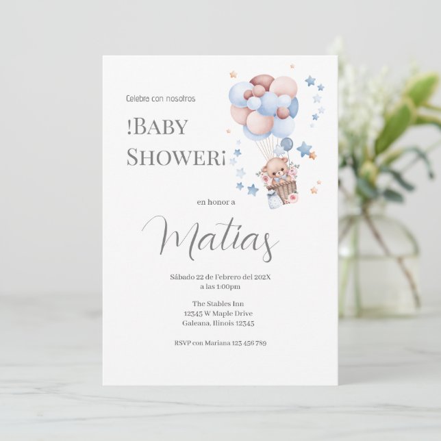 Blue Bear Spanish Baby Shower Boy invitation Inbjudningar (Stående Fram)