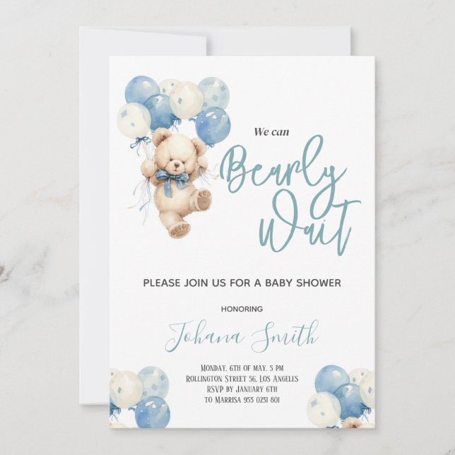 Blue Bear We can Barly wait Baby Shower Inbjudningar (Framsida)