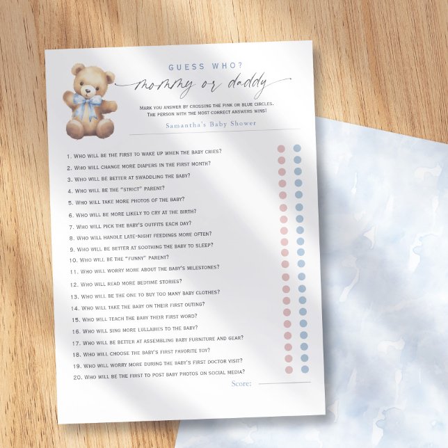 Blue Bearly Wait–Mommy or Daddy? 20-Questions game Rådkort (Bearly Wait Themed-Mommy or Daddy Baby Shower Games.)