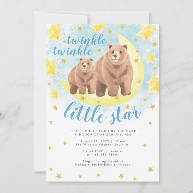 Blue Bears Guld Twinkle Little Star Baby Shower Inbjudningar (Framsida)