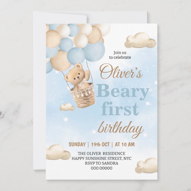 Blue Beary First Birthday Inbjudningar (Framsida)