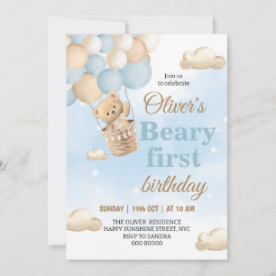 Blue Beary Första Födelsedag Inbjudningar