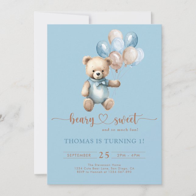 Blue Beary Sweet Boy 1st Birthday Nalle Brown Inbjudningar (Framsida)