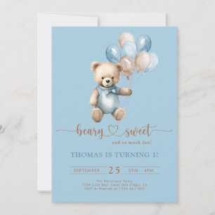 Blue Beary Sweet Boy 1st Birthday Nalle Brown Inbjudningar