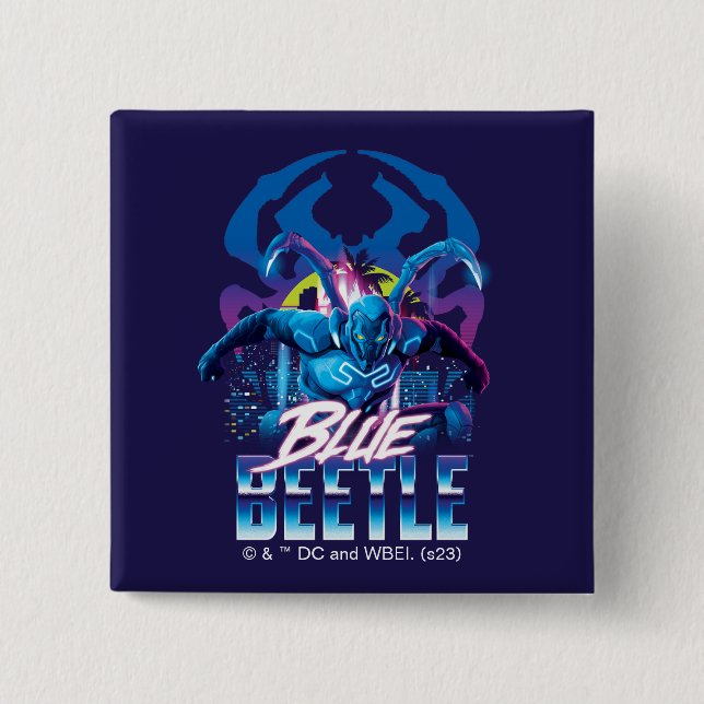 Blue Beetle Retrowave City Sunset Knapp (Framsida)