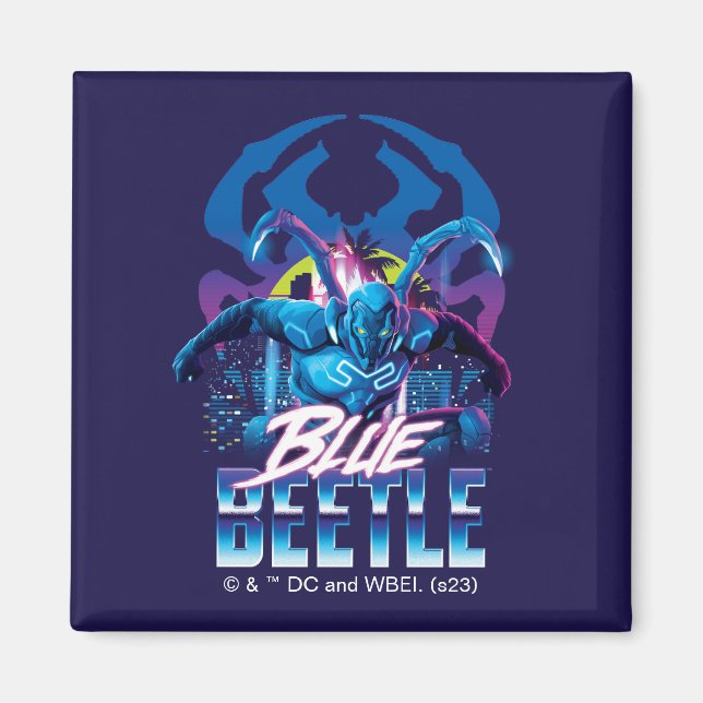 Blue Beetle Retrowave City Sunset Magnet (Framsidan)