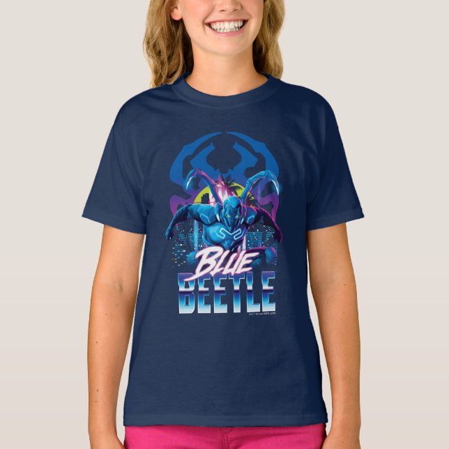Blue Beetle Retrowave City Sunset T Shirt (Framsida)