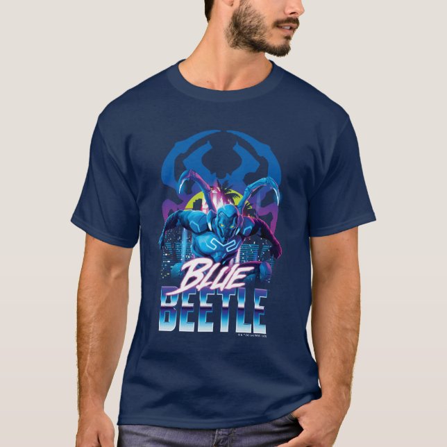Blue Beetle Retrowave City Sunset T Shirt (Framsida)