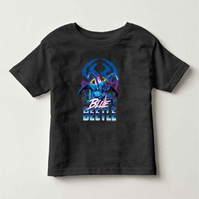 Blue Beetle Retrowave City Sunset T Shirt (Framsida)