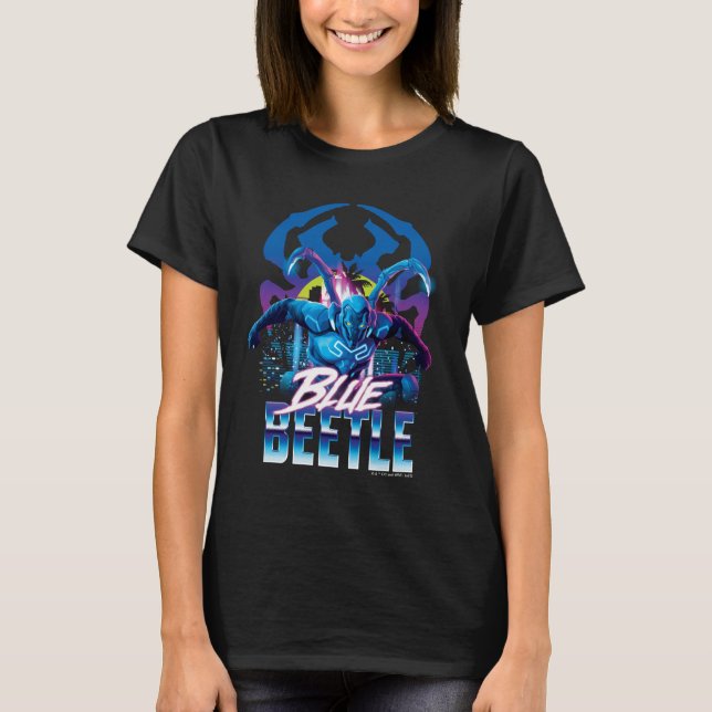 Blue Beetle Retrowave City Sunset T Shirt (Framsida)