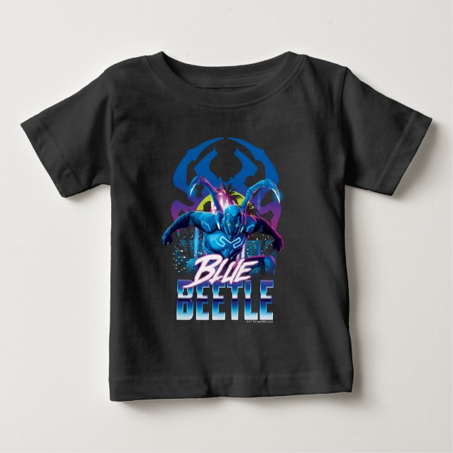 Blue Beetle Retrowave City Sunset T Shirt (Framsida)