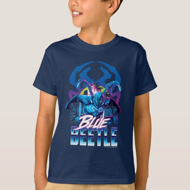 Blue Beetle Retrowave City Sunset T Shirt (Framsida)