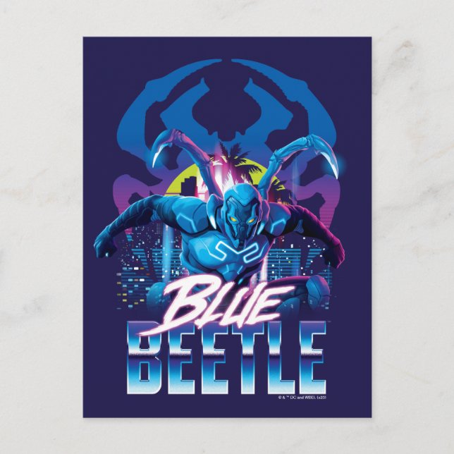 Blue Beetle Retrowave City Sunset Vykort (Framsida)