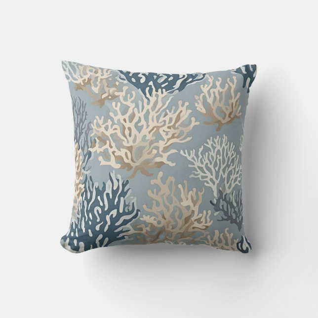 Blue Beige Beachy Coral Reef Nautical Mönster Kudde (Framsida)