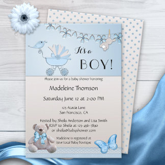 Blue Beige Bear Boy Baby Shower-inbjudan Inbjudningar