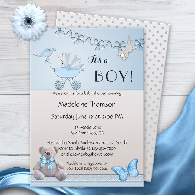 Blue Beige Bear Boy Baby Shower-inbjudan Inbjudningar (Skapare uppladdad)