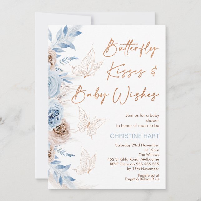 Blue Beige Blommigt Butterfly Kisses Baby Shower Inbjudningar (Framsida)
