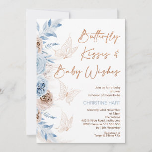 Blue Beige Blommigt Butterfly Kisses Baby Shower Inbjudningar