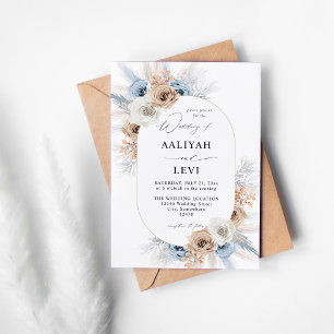 Blue & Beige Boho Blommigt Bröllop 2 Inbjudningar