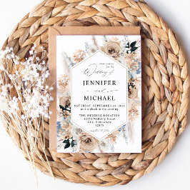 Blue & Beige Boho Blommigt Bröllop Inbjudningar