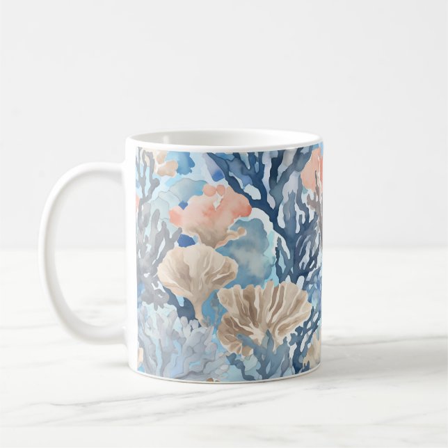 Blue Beige Coral Sjöliv Ocean Art Kaffemugg (Vänster)