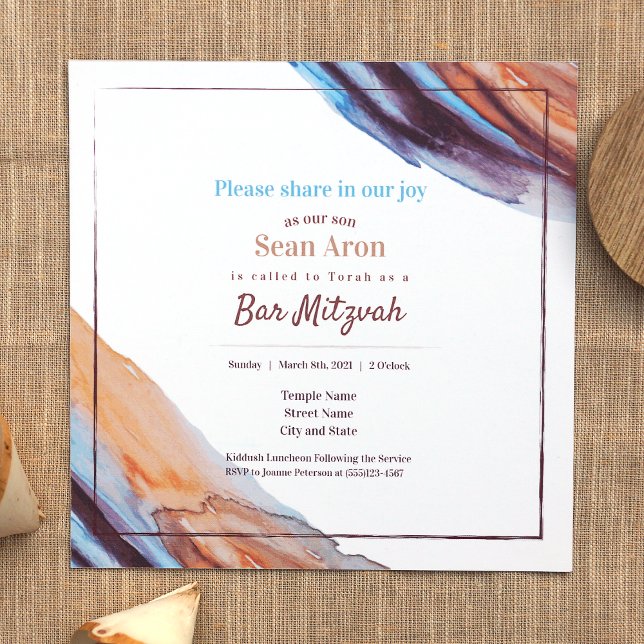 Blue Beige Eggplant Lila Pub Mitzvah-inbjudan Inbjudningar (Stylish Bar Mitzvah Invitations Caramel brown beige, light blue, eggplant purple paint swoosh stroke)