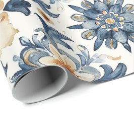 Blue & Beige Floral Tile Wrapping Paper, Antique Presentpapper