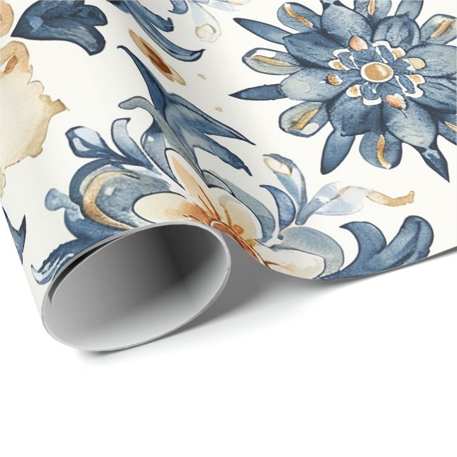 Blue & Beige Floral Tile Wrapping Paper, Antique  Presentpapper (Rullad Hörn)