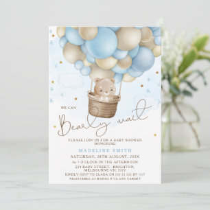 Blue Beige Luftballong Barly Bear Baby Shower Inbjudningar