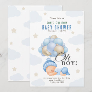 Blue Beige Modern Boy med babydusch i ballonger Inbjudningar