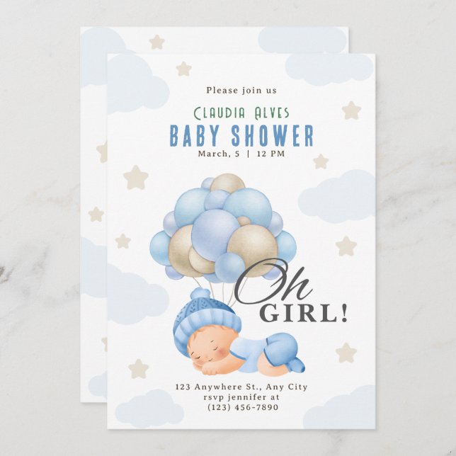 Blue Beige Modern Girl med babydusch i ballonger Inbjudningar (Fram/baksida)