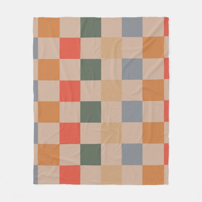 Blue Beige Orange Brown Checkered Gingham Mönster Fleecefilt (Framsidan)