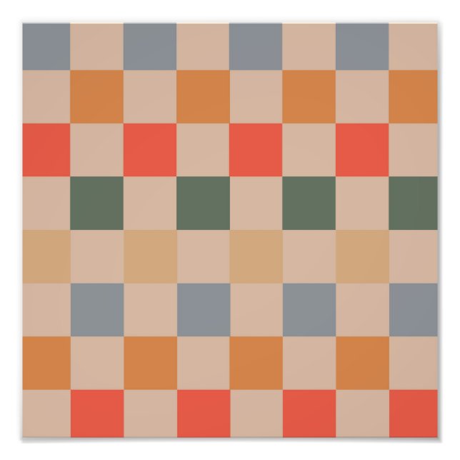 Blue Beige Orange Brown Checkered Gingham Mönster Fototryck (Framsidan)