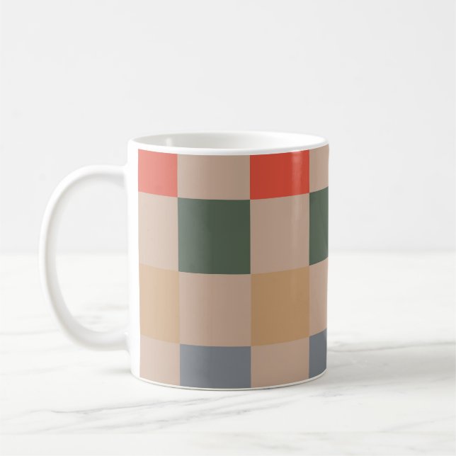 Blue Beige Orange Brown Checkered Gingham Mönster Kaffemugg (Vänster)