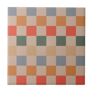 Blue Beige Orange Brown Checkered Gingham Mönster Kakelplatta