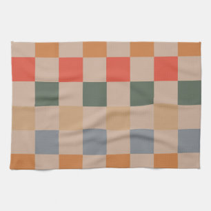 Blue Beige Orange Brown Checkered Gingham Mönster Kökshandduk