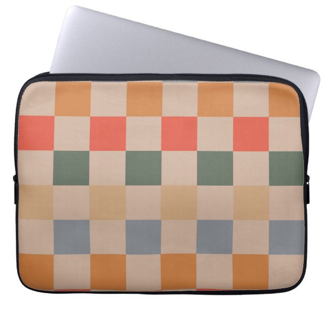 Blue Beige Orange Brown Checkered Gingham Mönster Laptop Fodral (Framsidan)