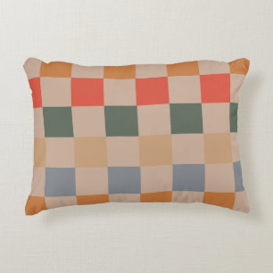 Blue Beige Orange Brown Checkered Gingham Mönster Prydnadskudde