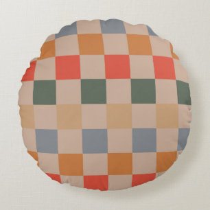 Blue Beige Orange Brown Checkered Gingham Mönster Rund Kudde