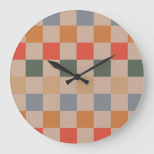 Blue Beige Orange Brown Checkered Gingham Mönster Stor Klocka