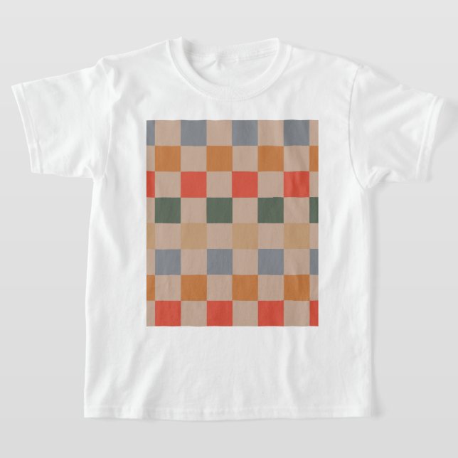 Blue Beige Orange Brown Checkered Gingham Mönster T Shirt (Laydown)