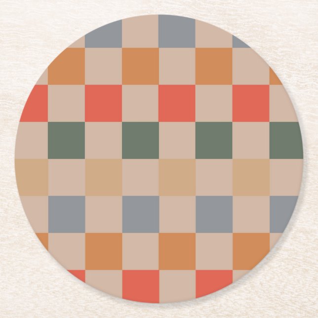 Blue Beige Orange Brown Checkered Gingham Mönster Underlägg Papper Rund (Framsidan)