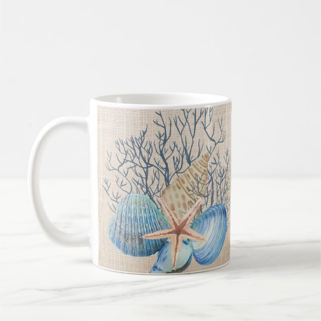Blue Beige Seashells Coral Starfish Kaffemugg (Vänster)