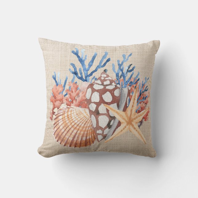 Blue Beige Seashells Starfish Coral Coastal Beach Kudde (Framsida)