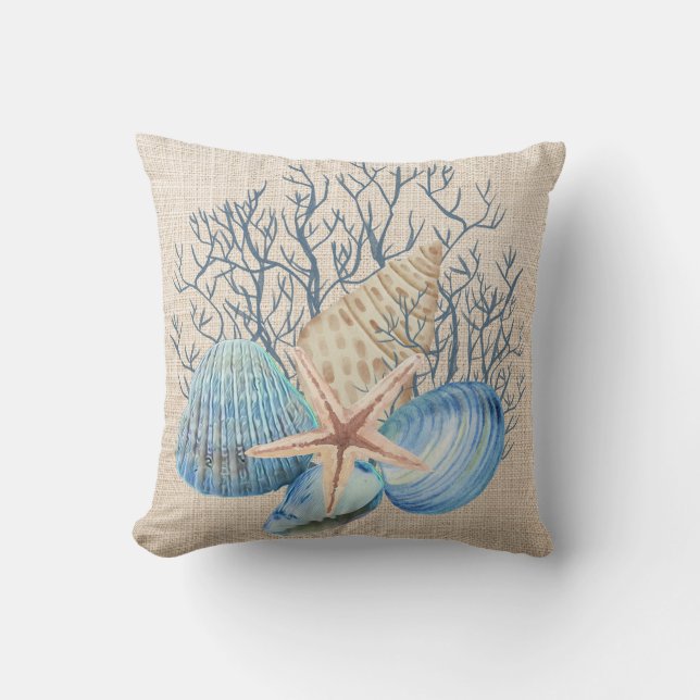 Blue Beige Seashells Starfish Coral Sjöliv Snäcka Kudde (Framsida)