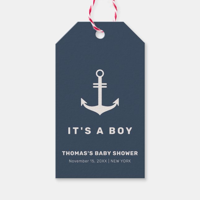 Blue Beige Simple Nautical Anchor Baby Shower Presentetikett (Framsidan)